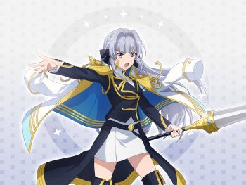 1girl black_boots black_jacket boots game_cg grey_hair hair_intakes holding holding_polearm holding_weapon jacket jacket_on_shoulders lance long_hair long_sleeves looking_at_viewer official_art open_mouth outstretched_arm polearm purple_eyes shoujo_kageki_revue_starlight shoujo_kageki_revue_starlight_-re_live- skirt solo standing thigh_boots upper_body v-shaped_eyebrows weapon white_jacket white_skirt yukishiro_akira