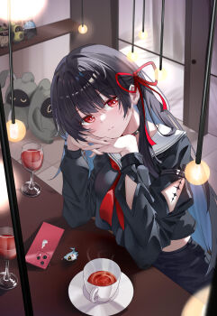 1girl absurdres arm_cutout avocaboo_(zenless_zone_zero) bangboo_(zenless_zone_zero) black_choker black_hair black_serafuku black_shirt black_skirt breasts cellphone cellphone_charm charm_(object) chisa_(wuthering_waves) choker closed_mouth clothing_cutout commentary crossover cup drinking_glass exploreboo_(zenless_zone_zero) hair_ribbon highres indoors light_blush long_hair looking_at_viewer lu_lu_mao medium_breasts phone plugboo_(zenless_zone_zero) red_eyes red_ribbon ribbon sailor_collar school_uniform serafuku sharkboo_(zenless_zone_zero) shirt skirt smartphone smile solo tacet_mark_(wuthering_waves) teacup white_sailor_collar wuthering_waves zenless_zone_zero