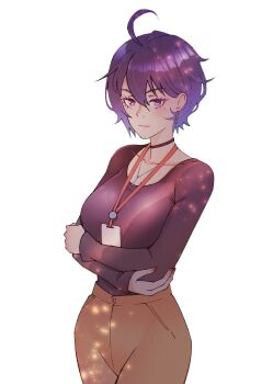 1girl ahoge anna_ayasaki arms_under_breasts black_choker breasts brown_pants choker choppy_bangs closed_mouth collarbone commentary cowboy_shot earrings hair_between_eyes highres id_card jewelry lanyard large_breasts light_particles looking_at_viewer mole mole_under_eye necklace nose original pants purple_eyes purple_hair purple_shirt shirt short_hair simple_background solo studionice2011 white_background