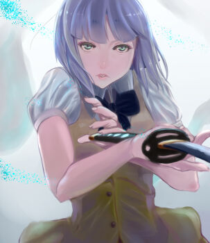 Rule 34 | 1girl, bad id, bad pixiv id, blue hair, female focus, green eyes, highres, katana, konpaku youmu, lips, ribbon, short hair, solo, star-jam, sword, touhou, weapon