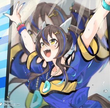 1girl animal_ears arms_up belt blue_hair brown_hair collarbone colored_inner_hair commentary_request daitaku_helios_(fun_fun_party_night)_(umamusume) daitaku_helios_(umamusume) ear_covers ear_piercing facial_tattoo fang fingernails hair_between_eyes hair_ornament highres horse_ears horse_girl horse_tail jewelry looking_at_viewer medium_hair multicolored_hair necklace open_mouth piercing screen side_ponytail smile solo stage star_(symbol) tail tattoo two-tone_hair uma_motiyodor umamusume upper_body yellow_eyes