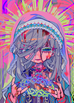 1girl @_@ blue_eyes colored_eyelashes dress grey_hair hair_over_one_eye head_wreath_removed highres liquid long_hair looking_at_viewer messy_hair multicolored_background multicolored_dress neon_palette nun open_mouth original pink_nails pink_veil psychedelic smile solo swept_bangs terada_tera veil white_nails