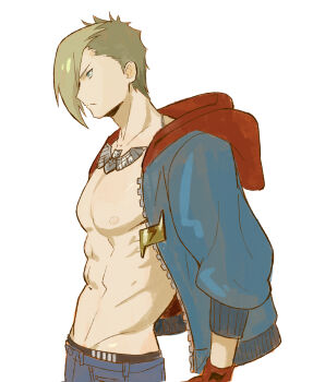 1boy absurdres black_male_underwear blonde_hair blue_jacket cropped_legs ed_(street_fighter) gloves highres hood hood_down hooded_jacket jacket long_sleeves male_focus male_underwear male_underwear_peek nipples open_clothes open_jacket pants pectorals profile sach56000 short_hair solo street_fighter street_fighter_6 toned toned_male underwear upper_body white_background