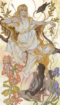 1girl 2boys absurdres ancient_greek_clothes androgynous apollo_(mythology) arrow_(projectile) bird blonde_hair blue_flower bracelet branch brown_hair crow faceless faceless_female faceless_male flower gold_bracelet greco-roman_clothes greek_mythology highres holding holding_arrow holding_branch jewelry kneeling leaf long_hair looking_at_another male_focus multiple_boys on_branch red_flower robe rora_(auroradiation) short_hair sitting star_(symbol) very_long_hair yellow_eyes yellow_flower yellow_robe