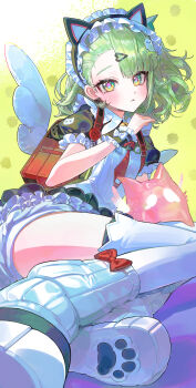 Rule 34 | 12kara34, 1girl, absurdres, animal ear hairband, animal ears, bell, black dress, cat ear hairband, cat ears, closed mouth, commentary request, dress, fake animal ears, frilled dress, frilled sleeves, frills, ghost hair ornament, green background, green eyes, green hair, hair ornament, hairband, heart, heart hair ornament, highres, looking at viewer, maid, maid headdress, multiple hair clips, neck bell, official alternate costume, red bag, solo, sunna (afternoon tea break) (zenless zone zero), sunna (zenless zone zero), white wings, winged bag, wings, zenless zone zero