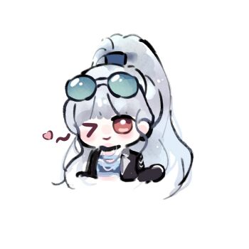 Rule 34 | > o, 1girl, black-framed eyewear, black choker, black jacket, blue-tinted eyewear, blue shirt, brown eyes, chibi, chinese commentary, choker, closed mouth, collared jacket, commentary request, contrast lapels, crop top, cropped torso, dream chaser (infinity nikki), eyewear on head, fengmi youzi hua, hand up, happy, heart, high ponytail, highres, infinity nikki, jacket, jewelry, lapels, light blush, long hair, long sleeves, looking at viewer, necklace, nikki (series), notched lapels, one eye closed, open clothes, open jacket, ponytail, shirt, simple background, sleeves past fingers, sleeves past wrists, smile, solo, sunglasses, tinted eyewear, very long hair, white background, white hair, wink heart