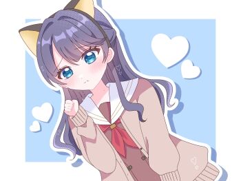 Rule 34 | 1girl, animal ear hairband, animal ears, black hairband, blue background, blue eyes, blue hair, border, brown cardigan, brown dress, cardigan, cat ear hairband, cat ears, commentary, dress, drop shadow, embarrassed, fake animal ears, frown, hairband, half updo, harusame soup (har s k), hasu no sora school uniform, heart, highres, link! like! love live!, long hair, long sleeves, love live!, mole, mole on neck, murano sayaka, neckerchief, open cardigan, open clothes, outside border, paw pose, raised inner eyebrows, red neckerchief, sailor collar, sailor dress, school uniform, simple background, solo, symbol-only commentary, virtual youtuber, white border, white sailor collar, winter uniform