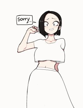 1girl animated animated_gif black_eyes black_hair blush bra breasts cameltoe cowboy_shot crop_top english_text eyelashes grey_background hand_up happening18 highres large_breasts looking_at_viewer looping_animation navel original panties shirt short_hair short_sleeves simple_background skirt solo speech_bubble underwear white_bra white_panties white_skirt wind wind_lift