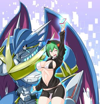 1girl akeikou arm_up armor bike_shorts black_jacket blue_armor blue_skin bra breasts cellphone cleavage colored_skin commentary_request cowboy_shot digimon digimon_world_re:digitize dragon dragon_wings goggles goggles_around_neck gradient_background green_hair hair_between_eyes hair_ornament highres hood hood_up hooded_jacket jacket large_breasts long_sleeves looking_up navel open_mouth partially_unzipped phone red_eyes shinomiya_rina short_hair short_hair_with_long_locks shoulder_armor sidelocks simple_background smartphone standing stomach ulforcev-dramon underwear white_background white_bra wings