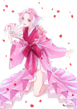 1girl :d absurdres fins green_eyes hand_fan haruno_sakura head_fins highres holding holding_fan japanese_clothes kimono layered_kimono long_sleeves looking_at_viewer mochiii-s naruto_(series) naruto_shippuuden open_mouth petals pink_hair pink_kimono red_kimono short_hair smile solo twitter_username white_background wide_sleeves