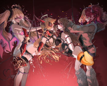 4girls absurdres armor armored_boots bdsm bikini bikini_bottom_pull blonde_hair bondage boots borrowed_character bound breast_press breasts brown_hair brown_jacket commission cum cum_overflow curled_horns demon_girl demon_tail female_ejaculation female_orgasm futa_with_female futanari gradient_hair grin group_sex heart highres horns jacket large_breasts long_hair loose_socks medium_breasts multicolored_hair multiple_girls orgasm orgy original pink_bikini pink_eyes pink_hair pointy_ears red_hair restrained rolling_eyes saliva saliva_trail sex sex_from_behind shoulder_armor smile socks sunnysideup suspension swimsuit symmetrical_docking tail twintails two-tone_hair variant_set wings yellow_theme yuri