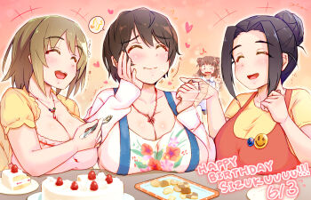 Rule 34 | 4girls, :d, birthday, black hair, blue overalls, blush, breast rest, breasts, breasts on table, brown hair, cake, cleavage, commentary request, cookie, dress, eating, ebihara naho, floral print, food, fork, gradient background, hair bun, happy, happy birthday, heart, highres, holding, holding fork, idolmaster, idolmaster cinderella girls, ikinari mojio, jewelry, large breasts, mimura kanako, multiple girls, munakata atsumi, necklace, oikawa shizuku, open hands, open mouth, overalls, pinafore dress, pink shirt, shirt, short hair, single hair bun, sleeveless, sleeveless dress, smile, strawberry shortcake, very short hair, yellow shirt