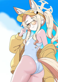 1girl absurdres adjusting_eyewear animal_ear_fluff animal_ears ass blonde_hair blue_archive blue_sky blush breasts clothing_cutout cloud cloudy_sky covered_navel cross_halo day extra_ears forehead fox_ears fox_girl fox_tail from_below gubee halo highleg highleg_one-piece_swimsuit highres jacket loli long_hair long_sleeves looking_at_viewer off_shoulder official_alternate_costume official_alternate_hairstyle one-piece_swimsuit seia_(blue_archive) seia_(swimsuit)_(blue_archive) side_ponytail sidelocks sky small_breasts smile solo swimsuit tail tail_through_clothes thighs very_long_hair visor_cap white_one-piece_swimsuit yellow_eyes yellow_halo yellow_jacket