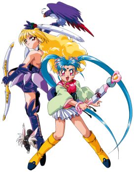1990s_(style) 1girl 2girls aqua_hair arm_up bird blonde_hair boots cabbit elbow_gloves facial_mark feathers fingerless_gloves forehead_mark freckles gloves holding holding_wand kawai_sasami knee_boots long_hair long_sleeves looking_at_viewer magical_girl mahou_shoujo_pretty_sammy masaki_sasami_jurai miniskirt multiple_girls obi official_art open_mouth pink_eyes pixy_misa pleated_skirt pretty_sammy_(character) red_eyes retro_artstyle ryou-ouki sash simple_background skirt smile solo twintails very_long_hair wand white_background white_skirt
