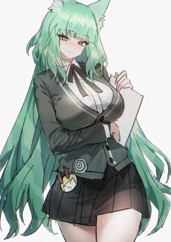 1girl absurdres animal_ears arknights arm_under_breasts black_cardigan black_ribbon black_skirt breasts buttons cardigan chinese_commentary closed_mouth commentary_request cowboy_shot green_eyes green_hair grey_background harmonie_(arknights) henz highres holding holding_paper large_breasts long_hair looking_at_viewer neck_ribbon paper pleated_skirt ribbon shirt simple_background sketch skirt smile solo standing white_shirt
