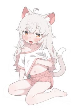 1girl ahoge animal_ears barefoot cat_ears cat_girl cat_tail fang highres long_hair navel open_mouth original possummachine shirt shorts simple_background sitting solo tail white_background white_shirt