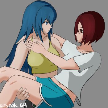 2girls absurdres blue_eyes blue_hair brown_eyes brown_hair curvy highres holding leona_heidern lifting_person long_hair multiple_girls pale_skin ponytail shirt short_hair shorts smile snak64 tank_top the_king_of_fighters thick_thighs thighs whip_(kof) white_shirt