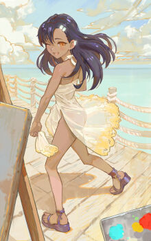 1girl ;d bare_shoulders black_hair breasts brown_eyes canvas_(object) cloud cloudy_sky dress feet ijiranaide_nagatoro-san looking_at_viewer nagatoro_hayase ocean one_eye_closed open_mouth sandals see-through_clothes sky small_breasts smile solo standing tan teeth toes white_dress yugen99