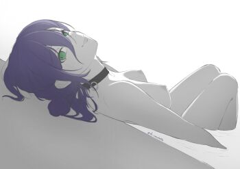 1girl absurdres black_choker breasts chainsaw_man choker commentary commentary_request completely_nude du_cocolatte dutch_angle green_eyes highres light_smile lips looking_at_viewer lying medium_breasts medium_hair mixed-language_commentary nipples nude on_back partially_colored partially_submerged perky_breasts puffy_nipples purple_hair reze_(chainsaw_man) sidelocks sketch smile solo twitter_username unfinished