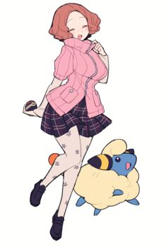 1girl closed_mouth do_m_kaeru floral_print full_body gen_2_pokemon holding holding_poke_ball leggings light_brown_hair mareep nintendo okumura_haru open_mouth persona persona_5 poke_ball pokemon school_uniform shirt shuujin_academy_school_uniform smile trait_connection white_background