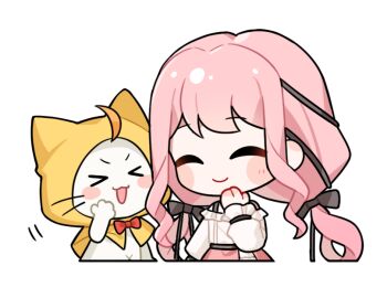 >_< 1girl ^_^ ahoge animal artist_request belt black_belt black_bow black_ribbon blush_stickers bow bowtie bra_strap cat chibi cloak closed_eyes closed_mouth clothed_animal cropped_legs ear_covers frilled_shirt frilled_sleeves frills hair_bow hair_ribbon hand_on_own_cheek hand_on_own_chin hand_on_own_face happy hood hood_up hooded_cloak infinity_nikki layered_skirt long_hair long_sidelocks long_sleeves low_twintails momo_(nikki) motion_lines navel nikki_(nikki) nikki_(series) off-shoulder_shirt off_shoulder official_art open_mouth perfect_start_(infinity_nikki) pink_hair pink_skirt puffy_long_sleeves puffy_sleeves red_bow red_bowtie ribbon shirt sidelocks skirt sleeves_past_wrists smile traditional_bowtie transparent_background tress_ribbon twintails v-shaped_eyebrows very_long_hair wavy_hair white_cat white_shirt white_skirt yellow_cloak