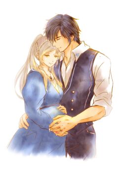 1boy blue_eyes blue_hair breasts chrom_(fire_emblem) eyelashes eyes_of_grima female_robin_(fire_emblem) fire_emblem fire_emblem_awakening half-closed_eyes hand_tattoo highres husband_and_wife intelligent_systems jewelry light_smile long_hair long_sleeves matching_hair/eyes medium_breasts moverabbit0305 neck necklace pregnant ring sidelocks standing swept_bangs tattoo three-quarter_sleeves toned toned_male twintails wedding_ring white_background white_hair yellow_eyes
