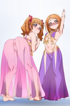 2girls absurdres aisaki_emiru arabian_clothes ass bar_censor belly_dancer censored commentary_request flat_chest from_behind glasses harem_outfit highres hugtto!_precure loli multiple_girls oimanji partial_commentary precure red-framed_eyewear semi-rimless_eyewear shirabe_ako short_hair standing suite_precure twintails under-rim_eyewear