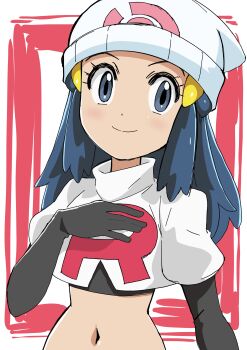 1girl absurdres beanie black_gloves blue_eyes blue_hair cosplay crop_top dawn_(pokemon) elbow_gloves gloves hainchu hand_on_own_chest hat highres jessie_(pokemon) jessie_(pokemon)_(cosplay) long_hair midriff navel nintendo pokemon pokemon_(anime) pokemon_dppt_(anime) sketch smile solo team_rocket team_rocket_uniform white_crop_top white_hat