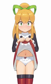 1girl blonde_hair bow bow_panties closed_mouth clothes_lift cowboy_shot dress dress_lift green_eyes henz_(ketchupp) highres lifting_own_clothes loli long_hair long_sleeves looking_at_viewer mega_man_(series) navel nervous_sweating paid_reward_available panties roll_(mega_man) simple_background solo straight-on sweat underwear white_background white_panties wide-eyed