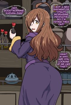 1girl absurdres ahoge apoelayoshi7 ass bottle breasts brown_eyes brown_hair commentary_request dress english_text hair_over_one_eye heart highres holding holding_bottle holding_potion indoors kono_subarashii_sekai_ni_shukufuku_wo! large_breasts long_hair long_sleeves looking_at_viewer open_mouth potion purple_dress shelf smile solo speech_bubble standing wiz_(konosuba)
