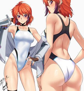 1girl armpits ass back_cutout bare_shoulders blush breasts brown_gloves clothing_cutout commentary_request commission competition_swimsuit contrapposto covered_navel fingerless_gloves gloves gradient_hair grey_jacket highleg highleg_one-piece_swimsuit highres ibis_douglas jacket looking_at_viewer medium_breasts multicolored_hair multicolored_swimsuit multiple_views off_shoulder one-piece_swimsuit open_clothes open_jacket orange_hair pink_eyes pink_hair pixiv_commission revision short_hair signature simple_background super_robot_wars super_robot_wars_original_generation swimsuit thighs white_background white_one-piece_swimsuit yoo_tenchi