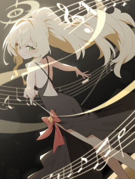1girl absurdres alternate_costume backless_dress backless_outfit bare_shoulders blonde_hair blue_archive blush bow closed_mouth commentary_request conductor_baton dress from_behind green_eyes halo highres holding_baton honi_(honi1010) korean_commentary long_hair looking_at_viewer looking_back musical_note professor_niyaniya_(blue_archive) red_bow smile solo very_long_hair yellow_halo