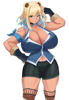 1girl animal_ears armband bamboowacker bare_shoulders bear_ears bear_girl bike_shorts black_gloves black_shorts blonde_hair blue_armband blue_eyes blue_hair blue_shirt breasts cleavage closed_mouth commentary commission cropped_legs curvy english_commentary fingerless_gloves fur-trimmed_gloves fur_trim gloves halterneck hand_up highres huge_breasts kaya_(bear_festival) looking_at_viewer medium_hair midriff_peek multicolored_hair navel original shirt short_shorts shorts simple_background sleeveless sleeveless_shirt solo thick_thighs thighs two-tone_hair white_background