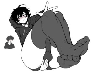 1boy arm_behind_back black_hair blush bulge twinkjak doppel_(bonnypir) erection erection_under_clothes expressionless feet foot_focus highres looking_at_viewer looking_to_the_side male_focus messy_hair penis simple_background thick_thighs thighhighs thighs trap tucked_penis white_background wojak yaoi