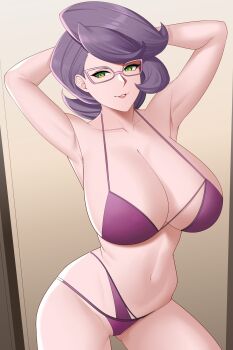 1girl aslindsamure breasts glasses green_eyes highres large_breasts nintendo pokemon pokemon_sm purple_hair short_hair smile swimsuit wicke_(pokemon)