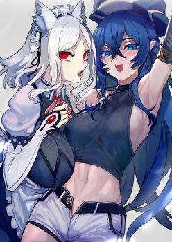 2girls beata_(walzrj) blue_eyes breasts highres large_breasts midriff mole multiple_girls navel open_fly pointy_ears short_shorts shorts slit_pupils tagme walzrj