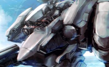 Rule 34 | 621 (armored core vi), armored core, armored core vi: fires of rubicon, blue sky, commentary request, from side, glowing, highres, loader 4, mecha, mecha focus, no humans, robot, sakusei sanbou, science fiction, sky, upper body