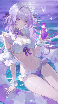 Rule 34 | 1girl, absurdres, alternate costume, bikini, blush, bow, breasts, bright pupils, bug, butterfly, castorice (honkai: star rail), cleavage, closed mouth, commentary request, cup, drinking glass, frilled wrist cuffs, frills, front-tie bikini top, front-tie top, hair bow, highres, holding, holding cup, honkai: star rail, honkai (series), innertube, insect, large breasts, long hair, looking at viewer, mismatched bikini, multiple hair bows, nail polish, nanjo maya, navel, partial commentary, pointy ears, purple bikini, purple bow, purple butterfly, purple eyes, purple hair, purple nails, sidelocks, signature, smile, solo, stomach, swim ring, swimsuit, thighs, very long hair, wet, white bikini, white pupils, white wrist cuffs, wrist cuffs