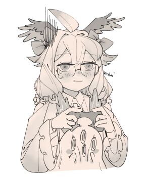 1girl :i ahoge aloupeep_(enna_alouette) artist_name blush bow commentary controller english_commentary enna_alouette flower hair_bow hair_flower hair_ornament head_wings holding holding_controller krebii long_hair low_twintails monochrome nijisanji nijisanji_en nose_blush sepia simple_background single_tear teardrop-framed_glasses twintails virtual_youtuber white_background wings