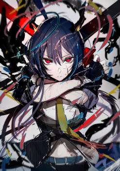 1girl absurdres arknights blue_hair ch&#039;en_(arknights) chuhaibane closed_mouth commentary_request cowboy_shot dragon_girl dragon_horns dual_wielding expressionless fingerless_gloves gloves hair_between_eyes highres holding holding_sword holding_weapon horns long_hair looking_at_viewer necktie red_eyes sidelocks solo sword weapon yellow_necktie