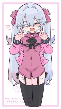 1boy :o black_choker black_panties black_ribbon black_thighhighs blue_eyes blue_hair blush bow bulge cardigan choker collarbone collared_shirt colored_tips commentary covered_navel cowboy_shot crossdressing crossdressing_(mtf) cuffs eyepatch fang flipped_hair frilled_shirt_collar frills garter_straps hair_between_eyes hair_bow hair_intakes handcuffs hands_up heart highres long_hair long_sleeves looking_at_viewer male_focus medical_eyepatch multicolored_hair narrowed_eyes neck_ribbon off_shoulder op_na_yarou open_cardigan open_clothes open_mouth original panties pink_bow pink_cardigan pink_shirt quad_tails raised_inner_eyebrows red_hair ribbon rigel_(op_na_yarou) shirt side-tie_panties sidelocks simple_background solo standing straight_hair sweat thighhighs thighs trap underwear very_long_hair watermark white_background white_hair