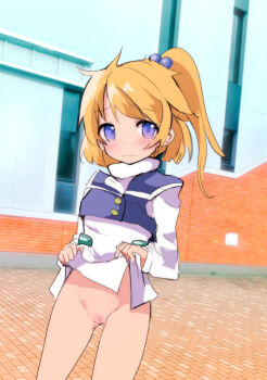 1girl blonde_hair blue_eyes blush caburi_aki cleft_of_venus clothes_lift crop_top dress dress_lift embarrassed female_focus hair_bobbles hair_ornament high_ponytail lifting_own_clothes loli looking_at_viewer no_panties outdoors ponytail presia_zenoskis pussy short_dress side_ponytail solo standing super_robot_wars super_robot_wars_the_lord_of_elemental turtleneck uncensored vest