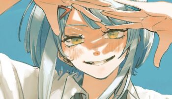 Rule 34 | 1girl, arms up, blue background, collared shirt, grin, hair ornament, hairclip, ice morinaka, looking at viewer, original, shirt, short hair with long locks, simple background, smile, solo, teeth, upper body, white hair, white shirt, yellow eyes