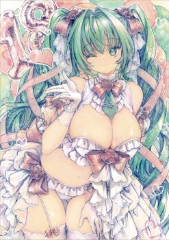 1girl balloon breasts chikinan_tarou cleavage dress gloves green_eyes green_hair hatsune_miku heart highres large_breasts lingerie long_hair navel number_balloon one_eye_closed painting_(medium) panties revealing_clothes solo thigh_gap traditional_media twintails underwear very_long_hair vocaloid watercolor_(medium) white_panties