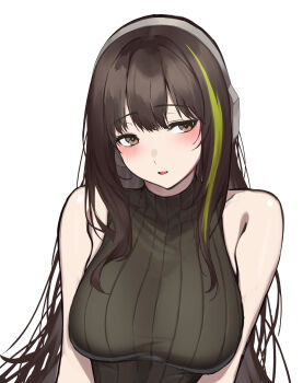 1girl 3_small_spiders absurdres blush breasts brown_eyes brown_hair commentary_request girls&#039;_frontline green_leotard grey_background headphones highres large_breasts leotard long_hair looking_at_viewer m4a1_(girls&#039;_frontline) multicolored_hair open_mouth ribbed_leotard simple_background solo streaked_hair two-tone_hair upper_body