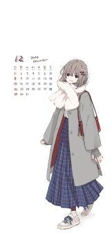 Rule 34 | 1girl, absurdres, bag, black eyes, calendar, coat, handbag, highres, looking at viewer, matsuda hikari, original, scarf, smile, walking
