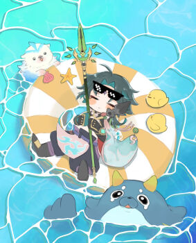 asymmetrical_clothes bead_necklace beads blubberbeast_(genshin_impact) blue_fur deal_with_it_(meme) detached_sleeves facial_mark forehead_mark genshin_impact gloves green_gloves green_hair highres inflatable_raft jewelry leisurely_otter_(genshin_impact) male_focus meme multicolored_hair nama_dododo necklace ocean otter pool_float primordial_jade_winged-spear_(genshin_impact) rubber_duck seal_(animal) seashell shell single_detached_sleeve snout starfish sunglasses tassel water xiao_(genshin_impact)
