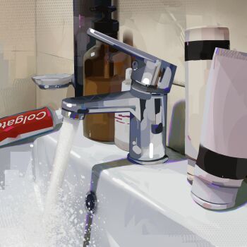 absurdres ala_southiick bathroom colgate commentary english_commentary faucet highres indoors no_humans original shadow sink soap_bottle tile_wall tiles toothpaste water water_drop