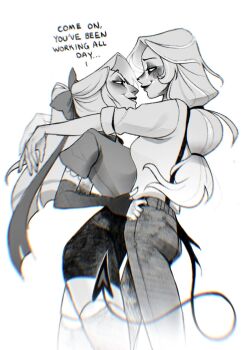 2girls ballz4lyfe11 blush blush_stickers bow charlie_morningstar commentary demon_girl demon_tail english_commentary eye_contact from_side hair_bow hazbin_hotel hellaverse highres hug long_hair looking_at_another multi-tied_hair multiple_girls pants ponytail profile shirt shirt_tucked_in short_sleeves shorts smile tail teeth vaggie