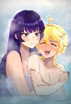 1boy 1girl aether_(genshin_impact) ahoge artist_name artist_request bad_id bad_pixiv_id bare_shoulders bath bathing blonde_hair blue_background blunt_bangs blurry blurry_background blurry_foreground blush braid closed_mouth collarbone convenient_censoring couple covering_chest covering_privates depth_of_field earrings full-face_blush genshin_impact hair_down hair_intakes happy hetero highres hug huge_ahoge jewelry long_braid long_hair mixed-sex_bathing mole mole_under_eye naked_towel nervous_smile nude onsen open_mouth pectoral_cleavage pectorals purple_eyes purple_hair raiden_shogun shade shared_bathing single_braid smile steam steaming_body towel wet